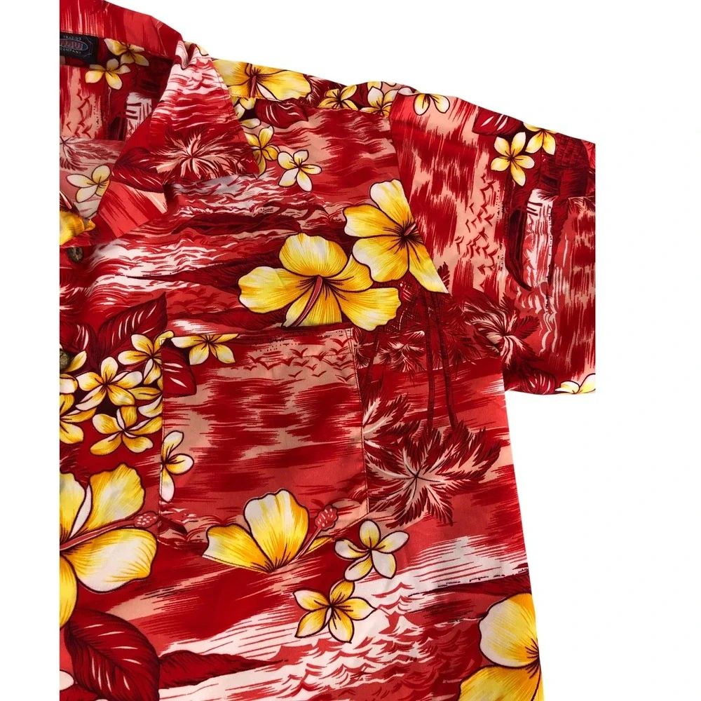 Trading Maui Company Mens Red Tropical Hibiscus Palm Tree Hawaiian Shirt‎ XL Vtg
